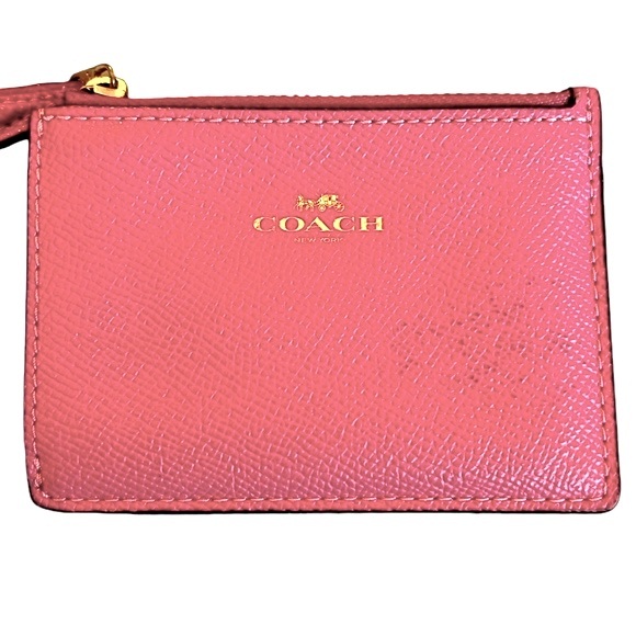 Coach Mini ID Holder with Keychain Ring Pink Saffiano Leather Gold Hardware EUC - Picture 2 of 11